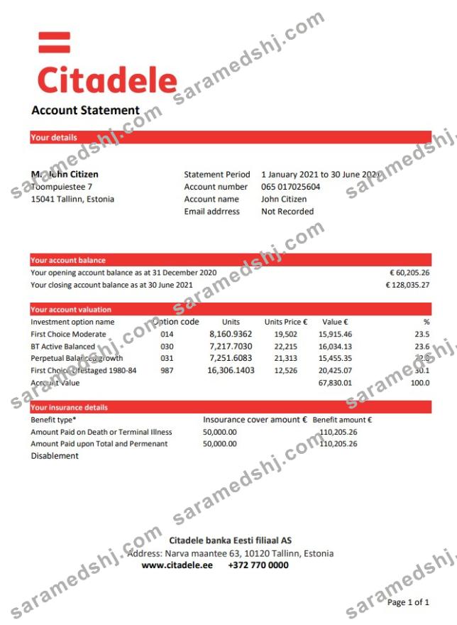 Estonia Citadele banka Eesti filiaal AS bank statement template in Excel and PDF format